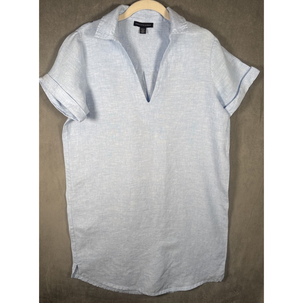Saks Fifth Avenue 100% Linen Tunic Top Women's S Blue Split Neck Short Sleeve